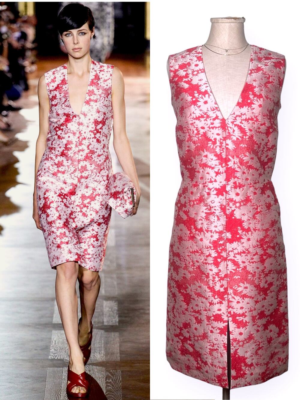 STELLA MCCARTNEY Runway Silk Dress Floral Sheath Jacquard Pink Red Cocktail 40